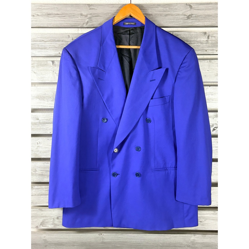 Zanetti Mens Royal Blue Double Breasted Blazer Super 100s Wool Italy 54R 44R vtg